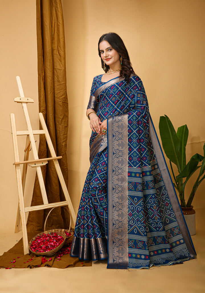 Blue Colour soft Dola cotton Kalamkari print saree with jecard kanjivaram zari border