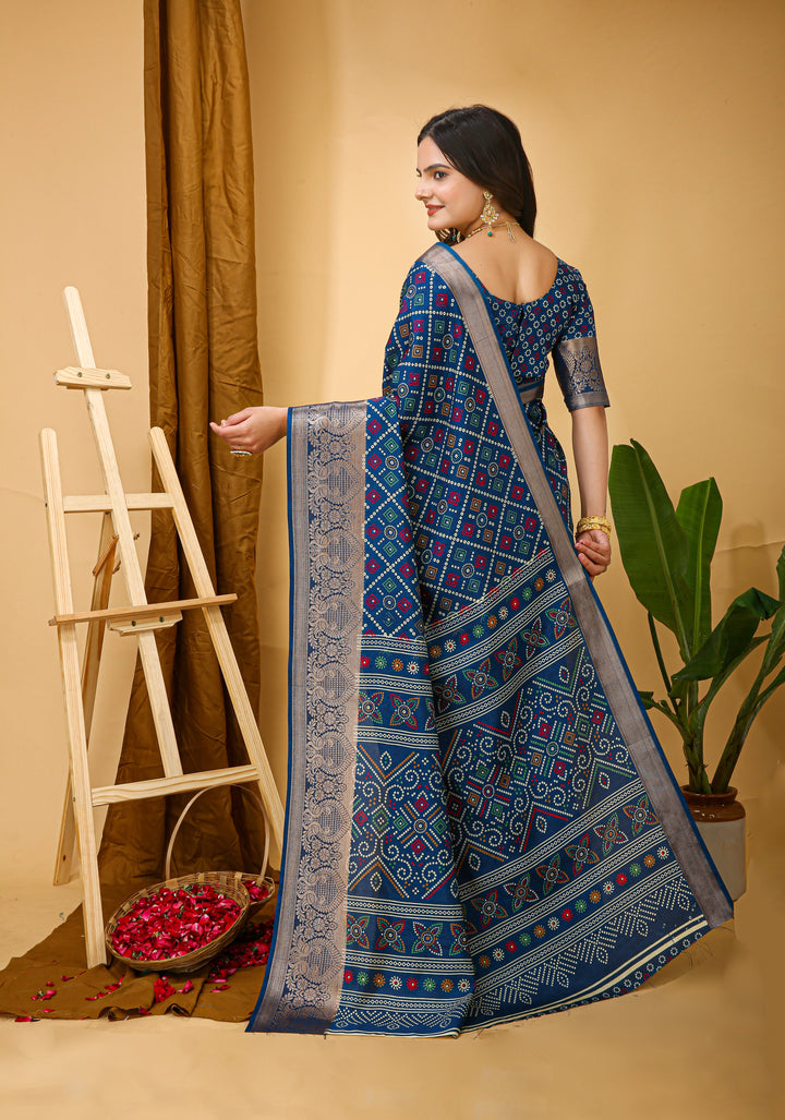 Blue Colour soft Dola cotton Kalamkari print saree with jecard kanjivaram zari border