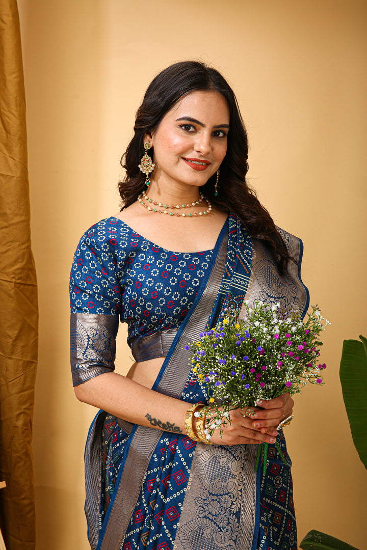 Blue Colour soft Dola cotton Kalamkari print saree with jecard kanjivaram zari border