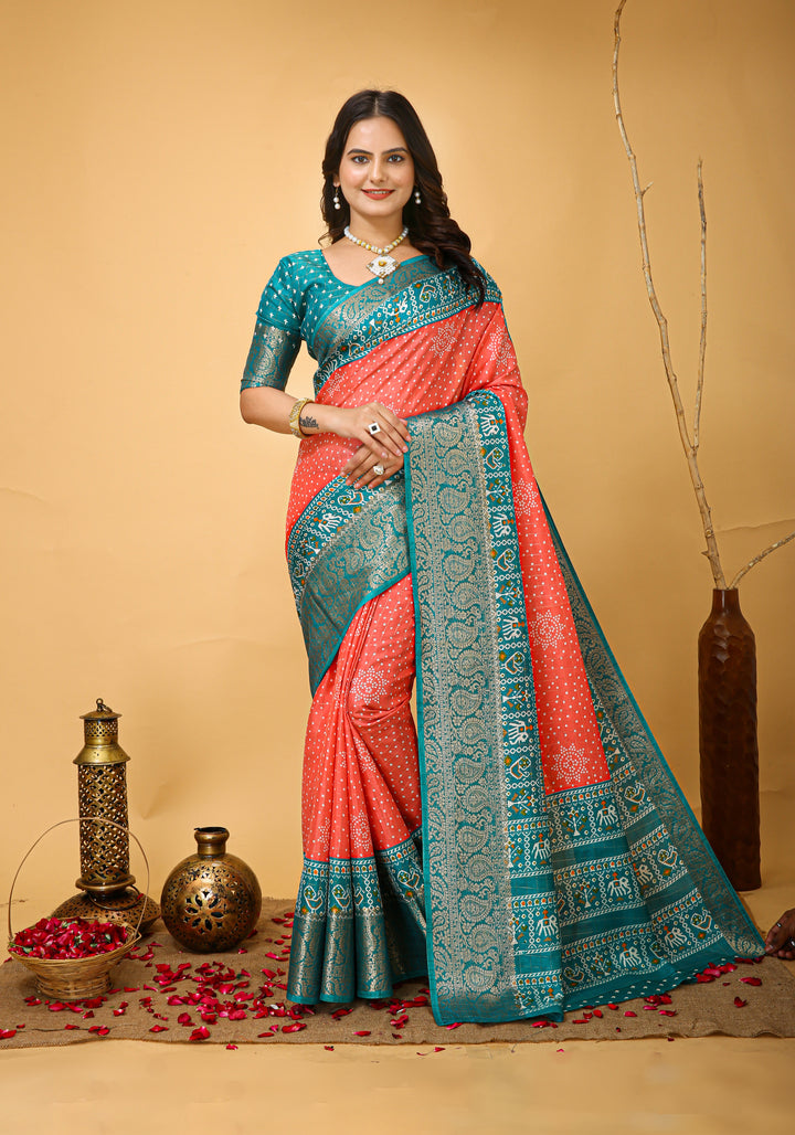 Peach Colour soft Dola cotton Kalamkari print saree with jecard kanjivaram zari border