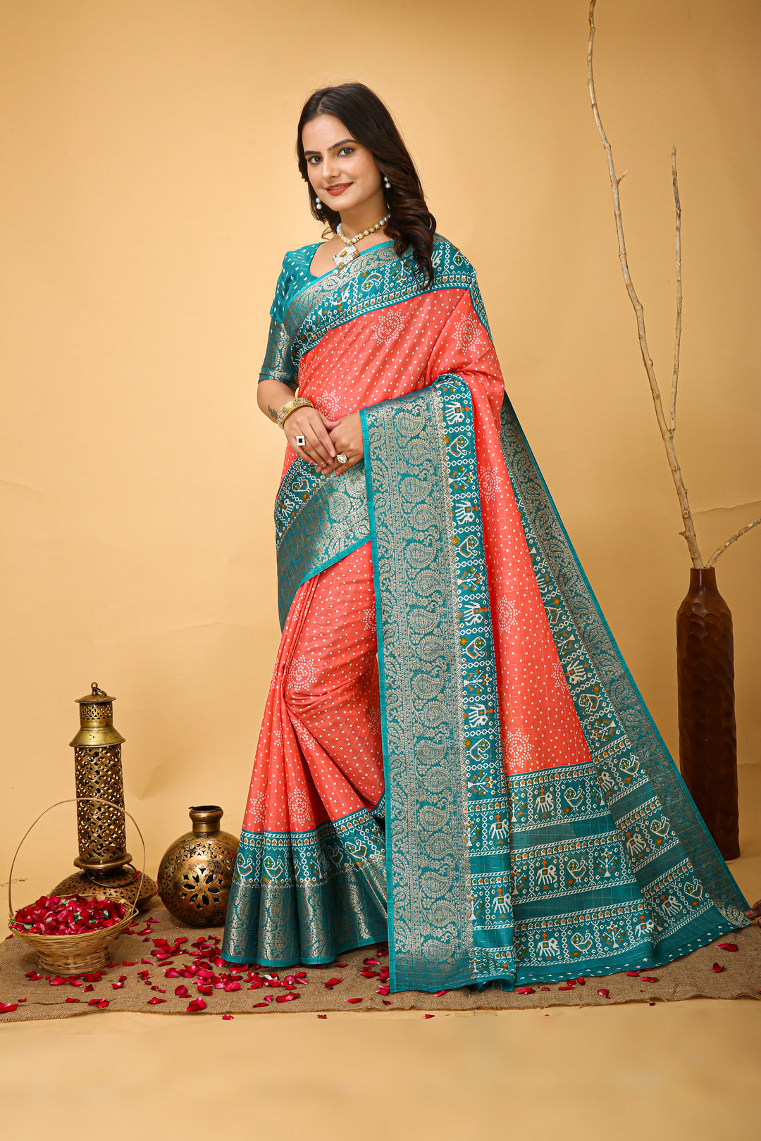 Peach Colour soft Dola cotton Kalamkari print saree with jecard kanjivaram zari border