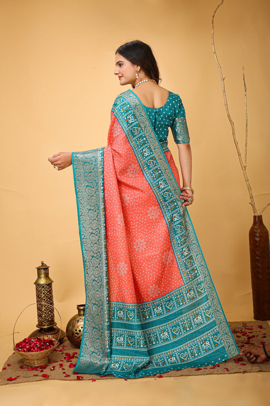 Peach Colour soft Dola cotton Kalamkari print saree with jecard kanjivaram zari border