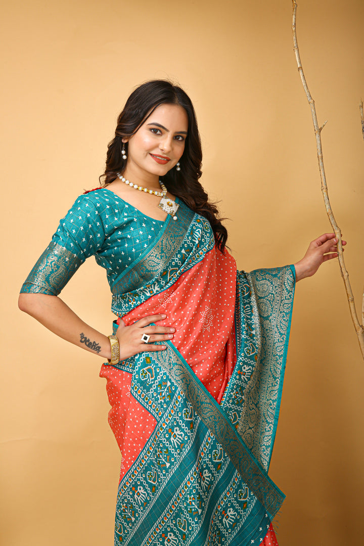Peach Colour soft Dola cotton Kalamkari print saree with jecard kanjivaram zari border