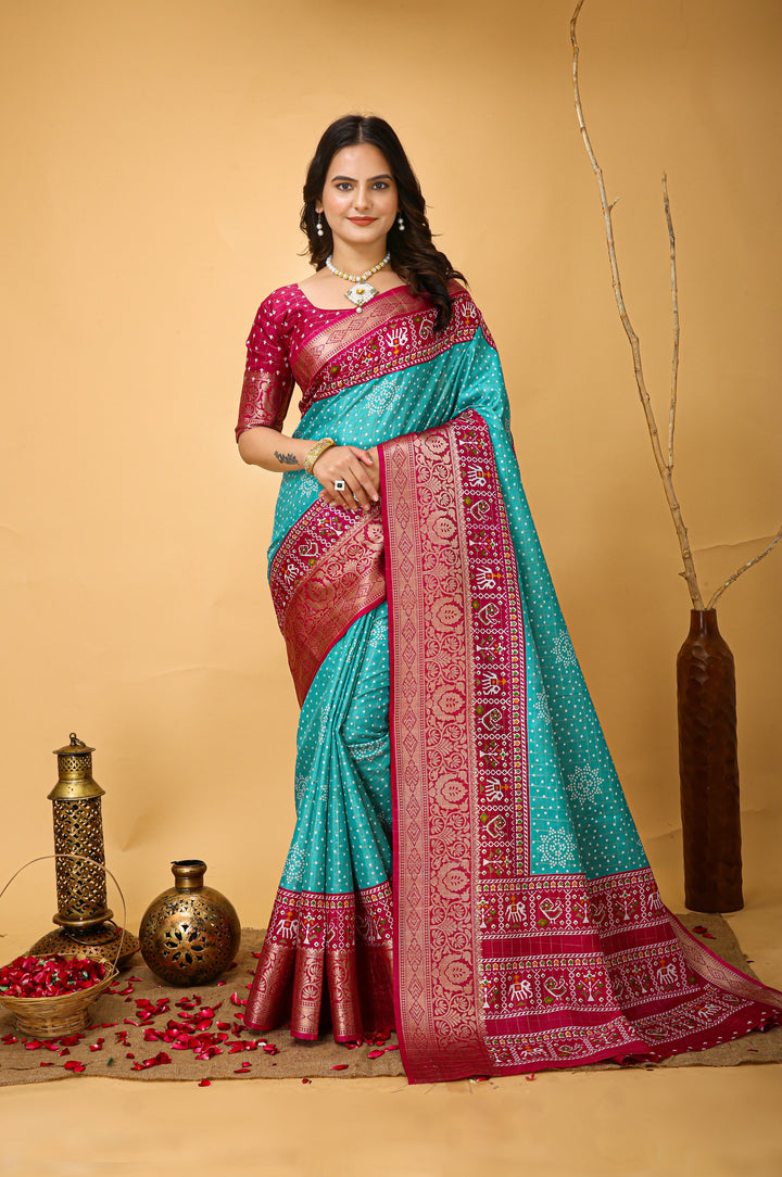 Teal Colour soft Dola cotton Kalamkari print saree with jecard kanjivaram zari border