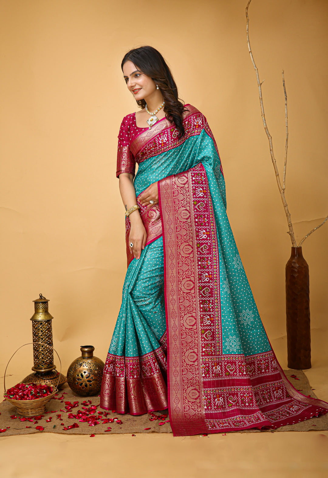 Teal Colour soft Dola cotton Kalamkari print saree with jecard kanjivaram zari border