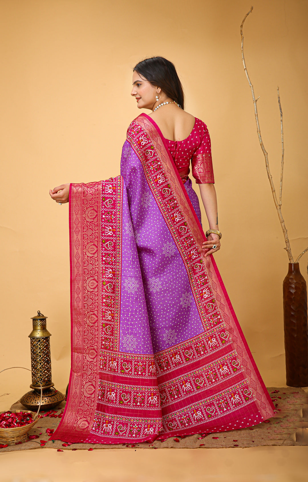 Purple Colour soft Dola cotton Kalamkari print saree with jecard kanjivaram zari border
