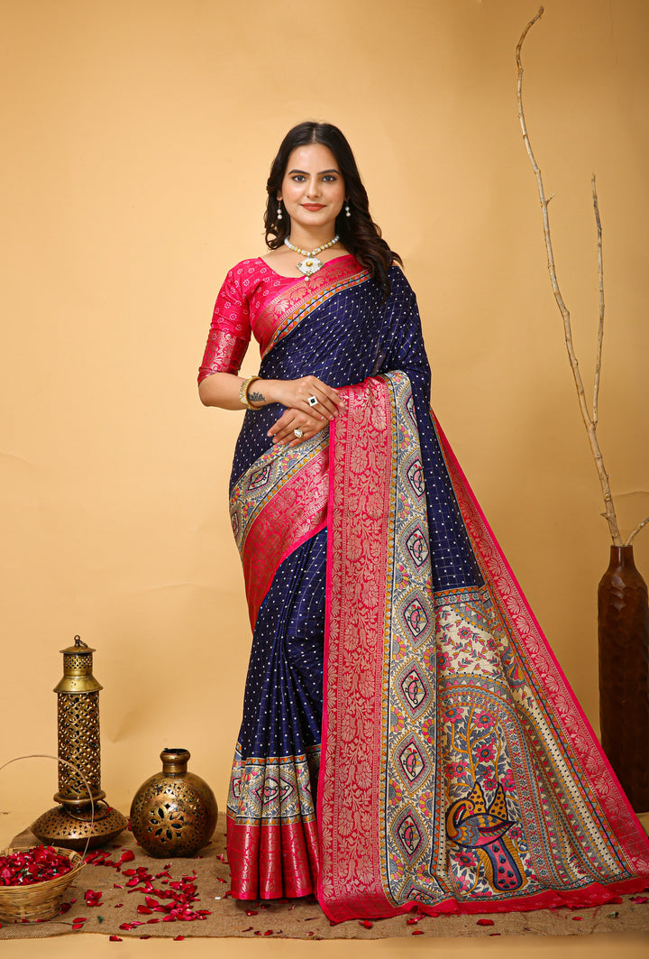 Navy Blue Colour soft Dola cotton Kalamkari print saree with jecard kanjivaram zari border