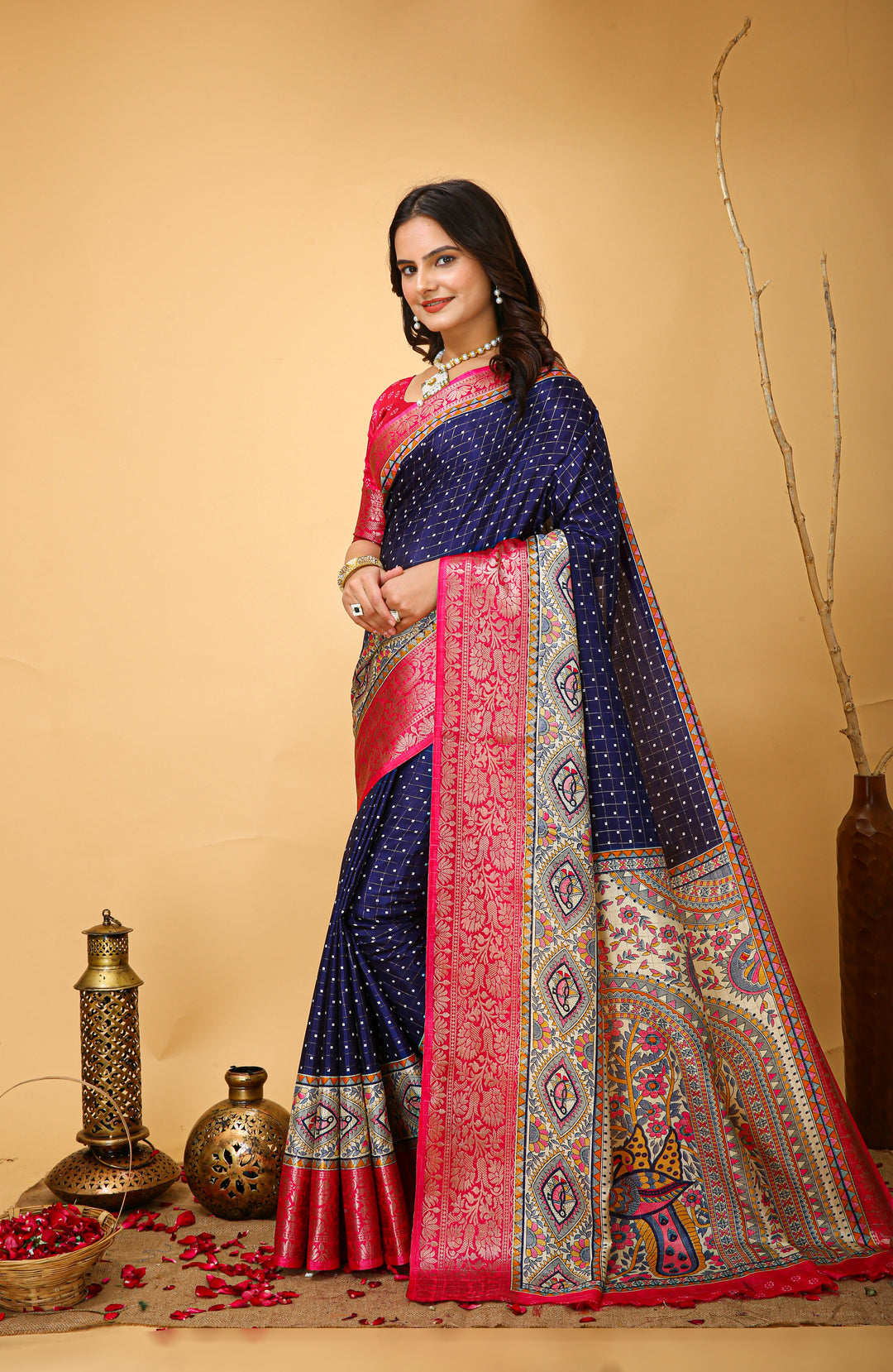 Navy Blue Colour soft Dola cotton Kalamkari print saree with jecard kanjivaram zari border
