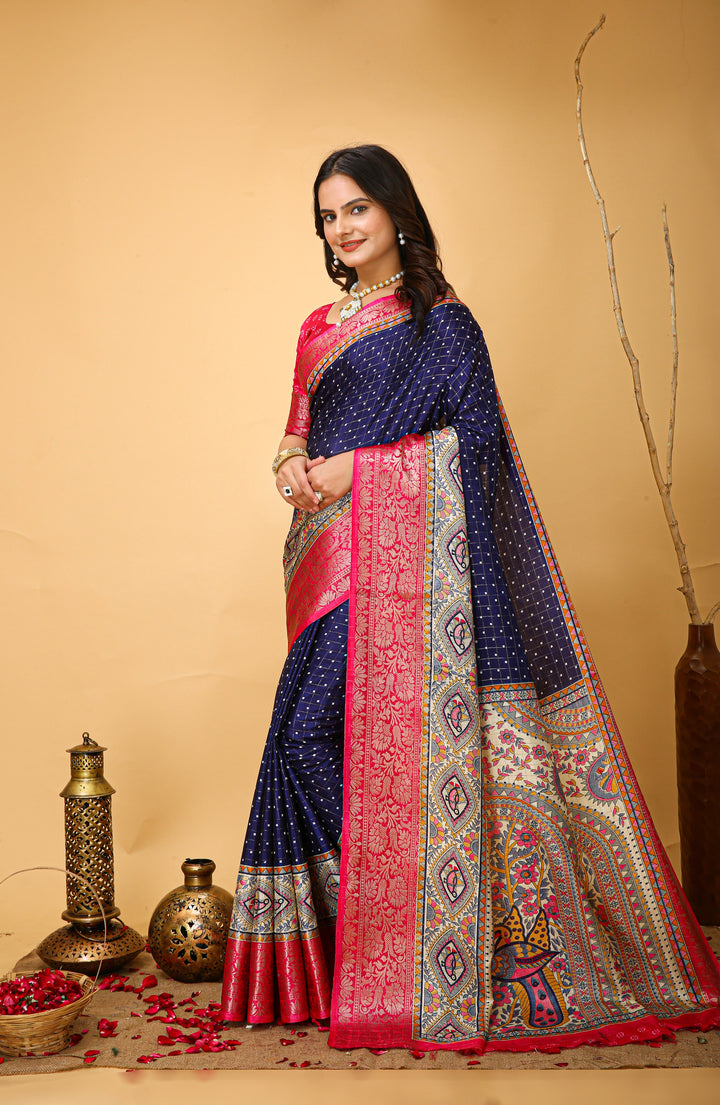 Navy Blue Colour soft Dola cotton Kalamkari print saree with jecard kanjivaram zari border