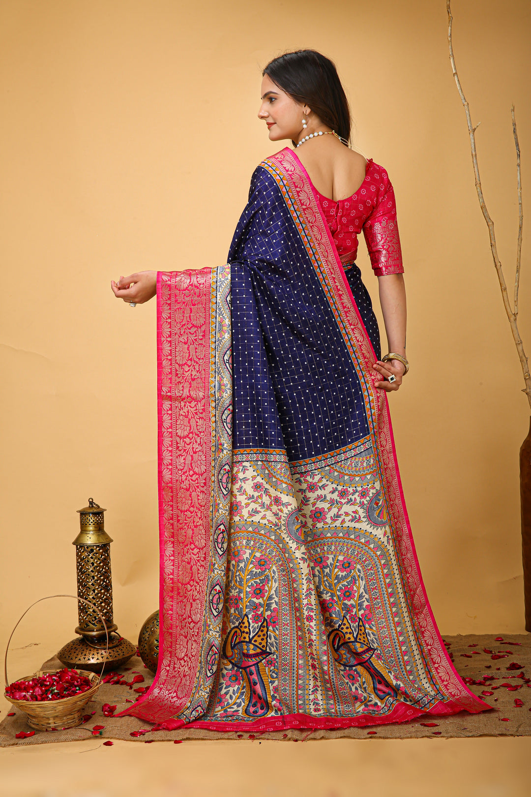 Navy Blue Colour soft Dola cotton Kalamkari print saree with jecard kanjivaram zari border