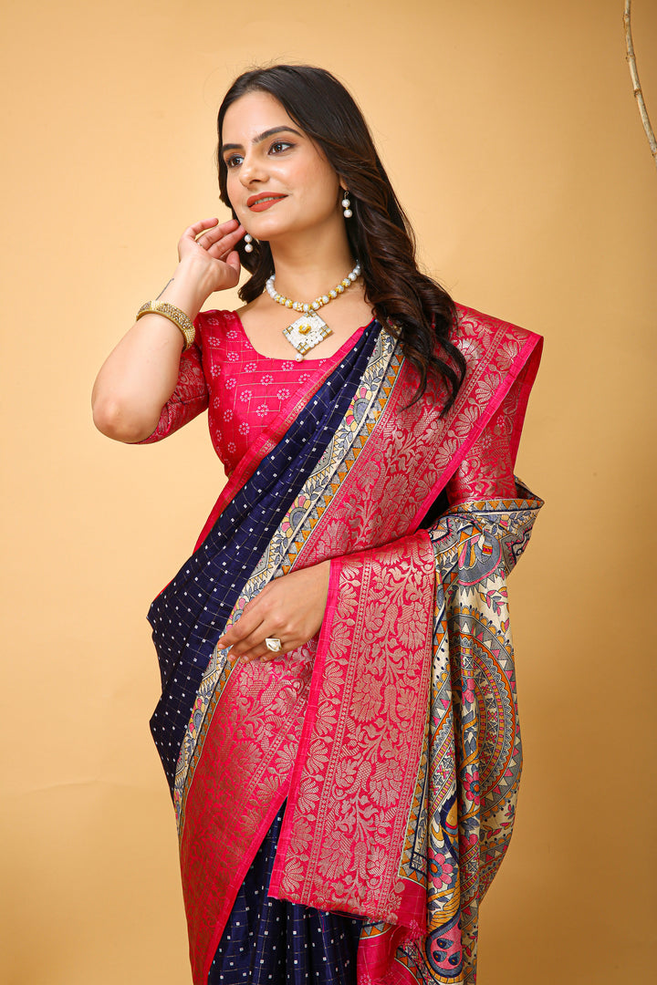 Navy Blue Colour soft Dola cotton Kalamkari print saree with jecard kanjivaram zari border
