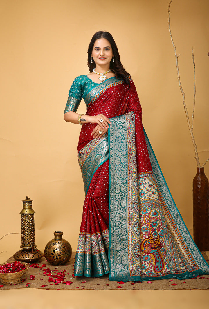 Maroon Colour soft Dola cotton Kalamkari print saree with jecard kanjivaram zari border