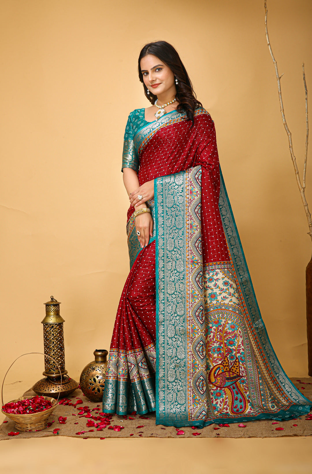 Maroon Colour soft Dola cotton Kalamkari print saree with jecard kanjivaram zari border