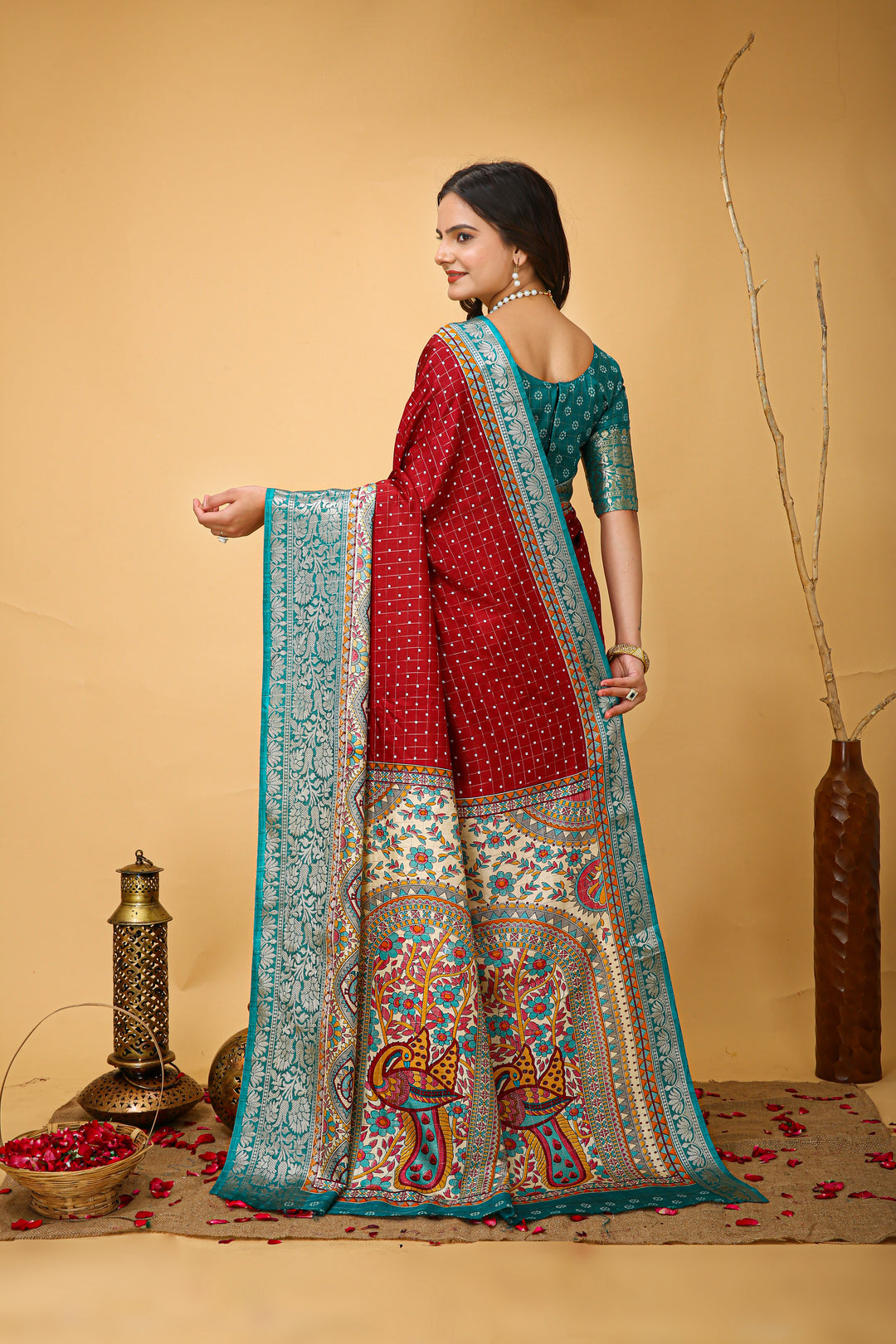 Maroon Colour soft Dola cotton Kalamkari print saree with jecard kanjivaram zari border