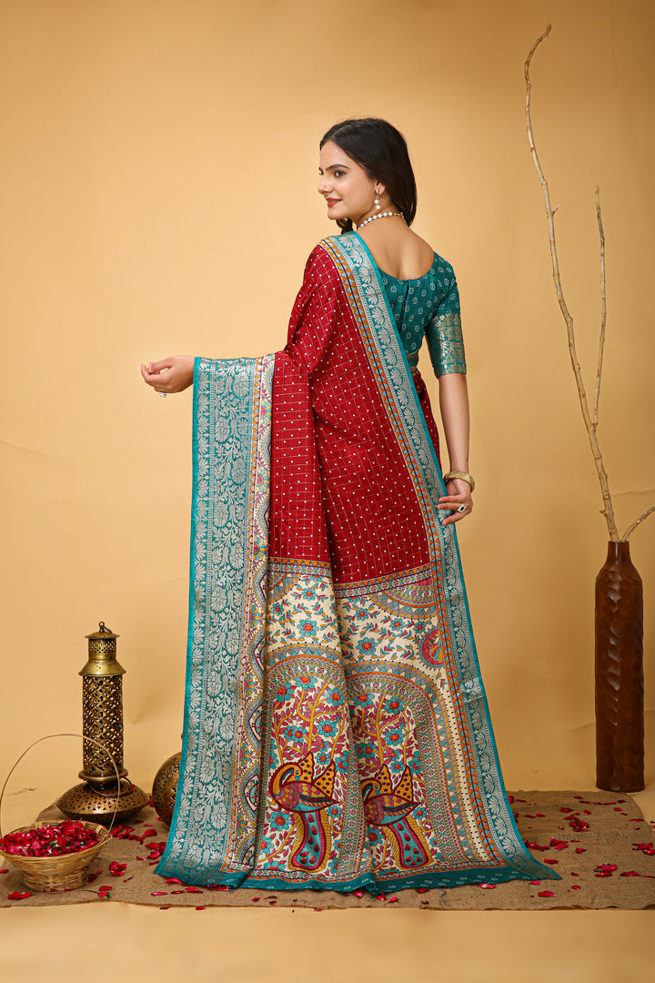 Maroon Colour soft Dola cotton Kalamkari print saree with jecard kanjivaram zari border