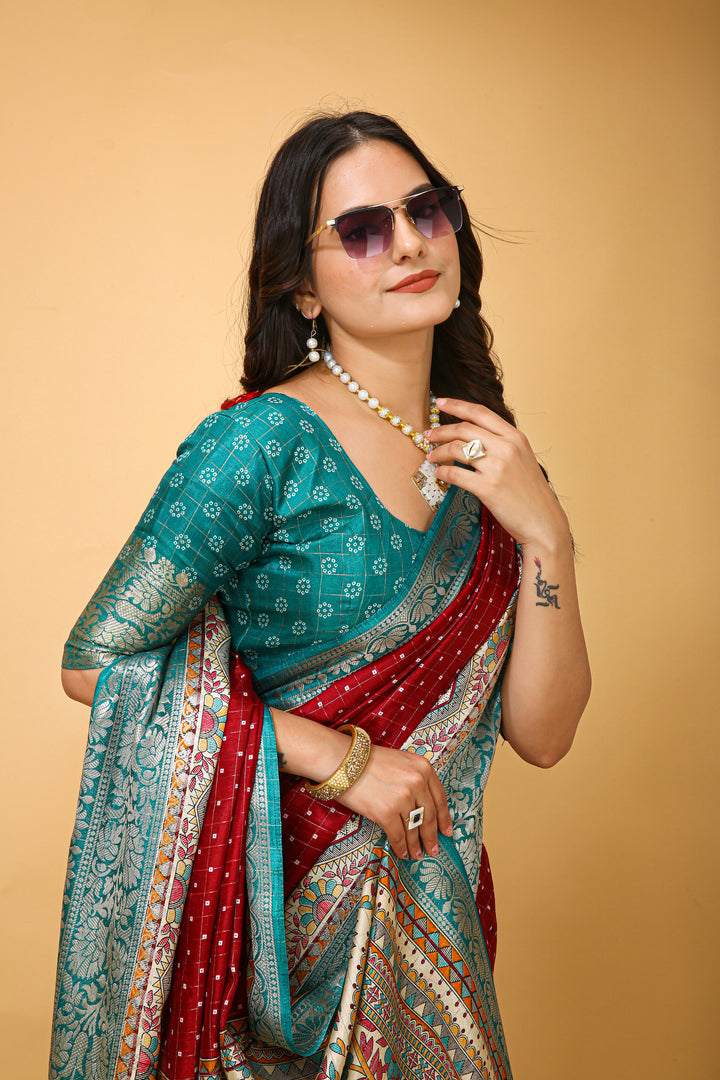 Maroon Colour soft Dola cotton Kalamkari print saree with jecard kanjivaram zari border
