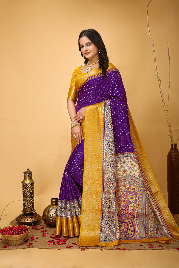 Purple Colour soft Dola cotton Kalamkari print saree with jecard kanjivaram zari border