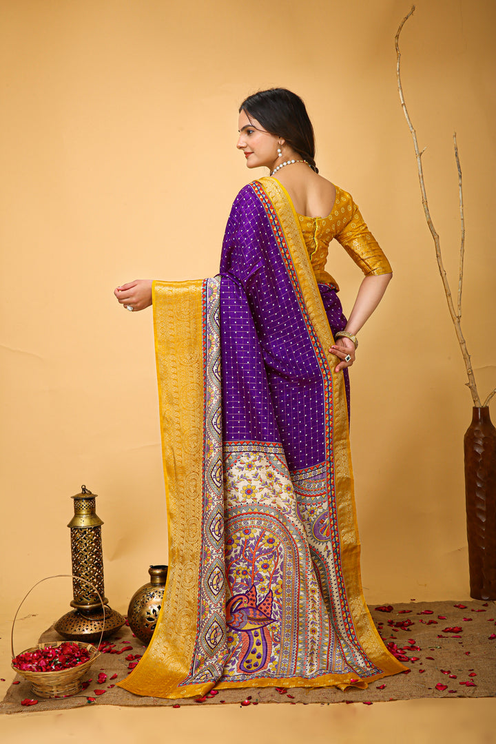 Purple Colour soft Dola cotton Kalamkari print saree with jecard kanjivaram zari border