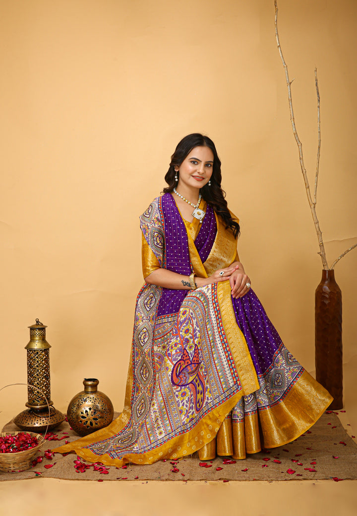 Purple Colour soft Dola cotton Kalamkari print saree with jecard kanjivaram zari border