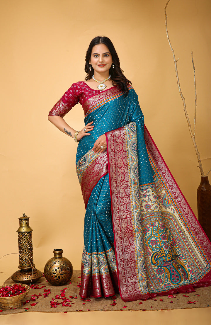 Sky Blue Colour soft Dola cotton Kalamkari print saree with jecard kanjivaram zari border