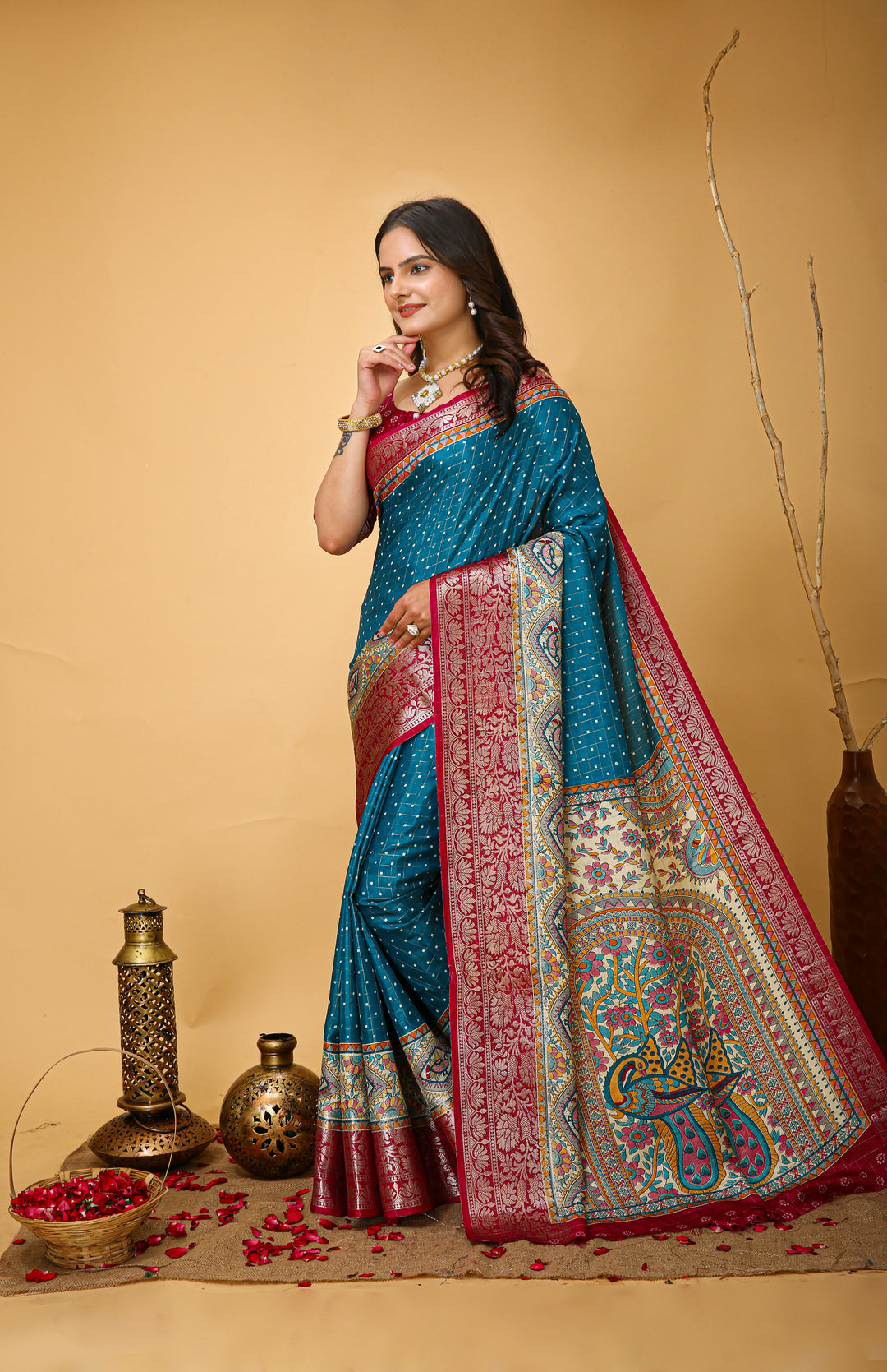 Sky Blue Colour soft Dola cotton Kalamkari print saree with jecard kanjivaram zari border