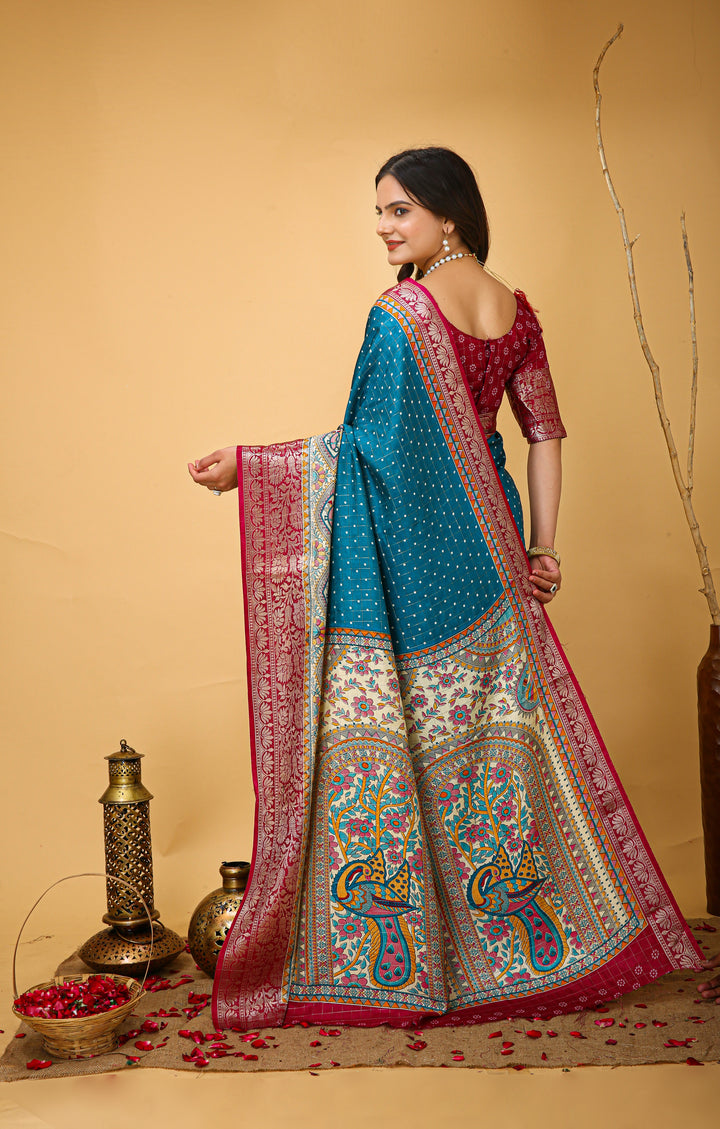 Sky Blue Colour soft Dola cotton Kalamkari print saree with jecard kanjivaram zari border