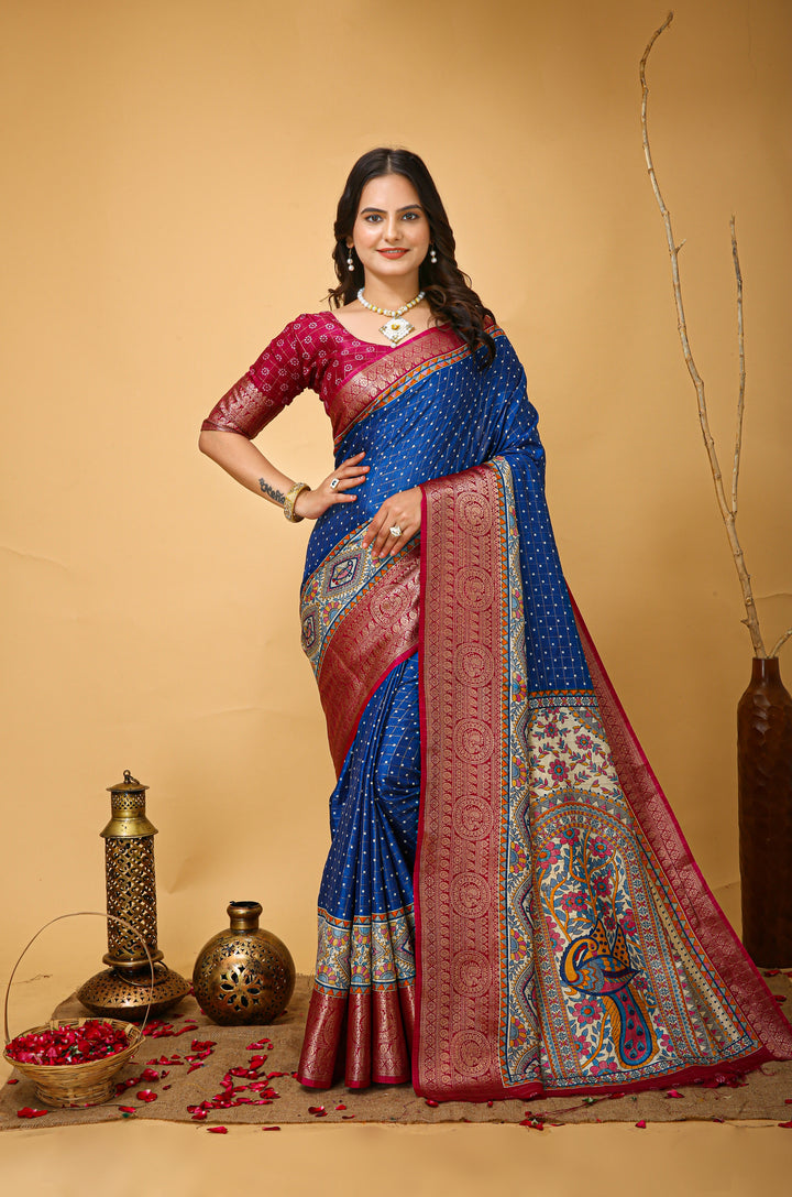 Blue Colour soft Dola cotton Kalamkari print saree with jecard kanjivaram zari border