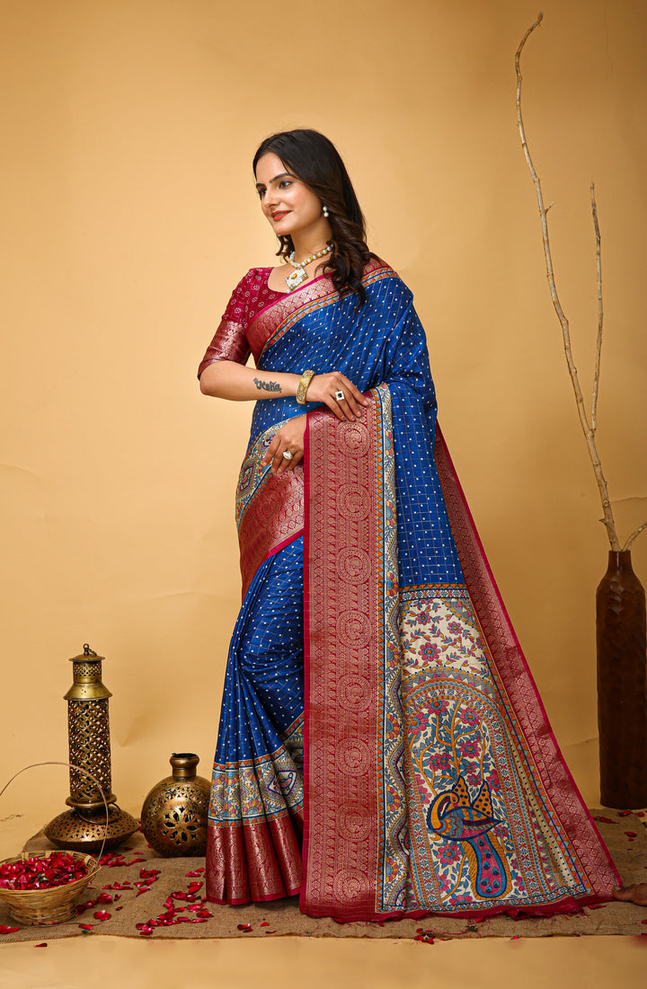 Blue Colour soft Dola cotton Kalamkari print saree with jecard kanjivaram zari border
