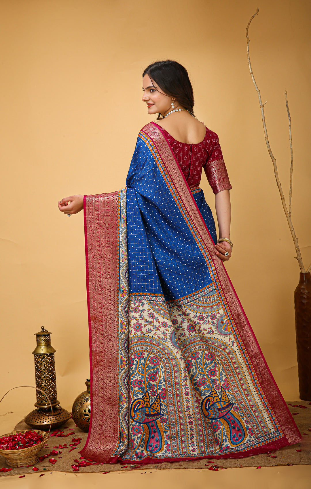 Blue Colour soft Dola cotton Kalamkari print saree with jecard kanjivaram zari border