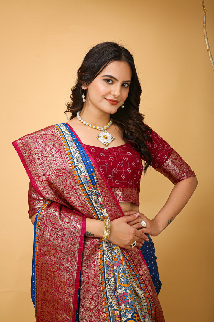 Blue Colour soft Dola cotton Kalamkari print saree with jecard kanjivaram zari border