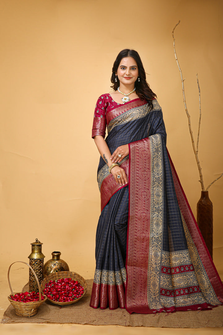 Blue Colour soft Dola cotton Kalamkari print saree with jecard kanjivaram zari border