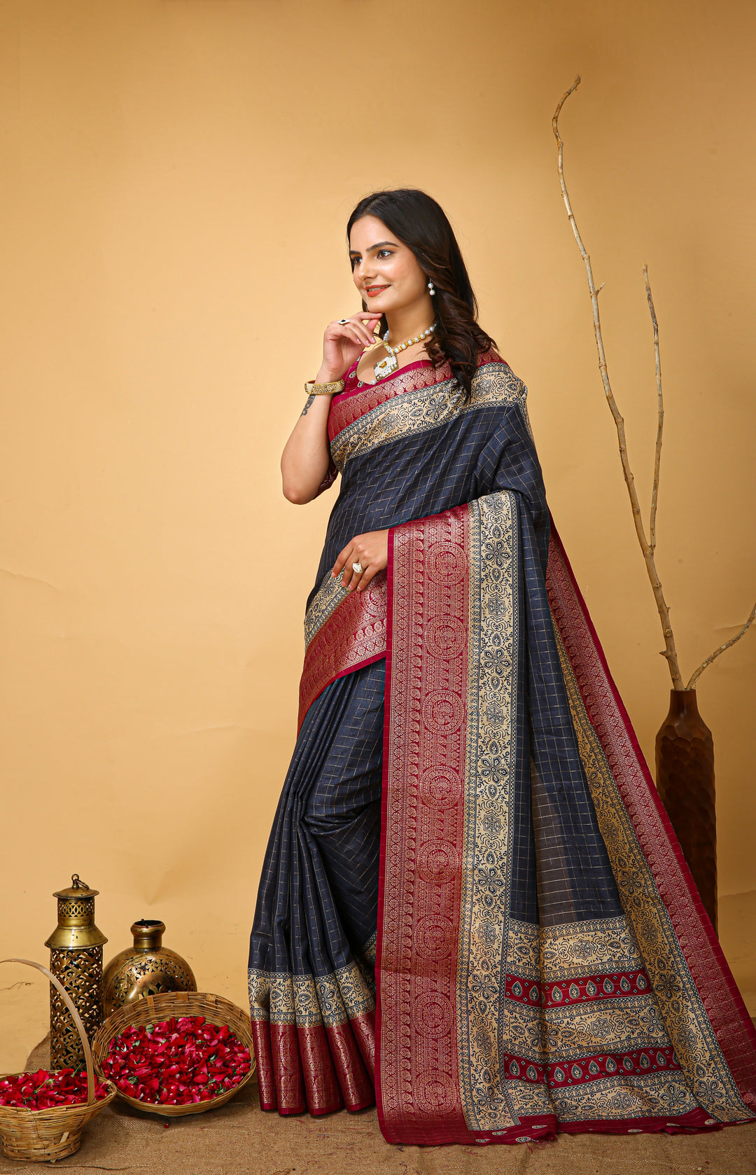 Blue Colour soft Dola cotton Kalamkari print saree with jecard kanjivaram zari border