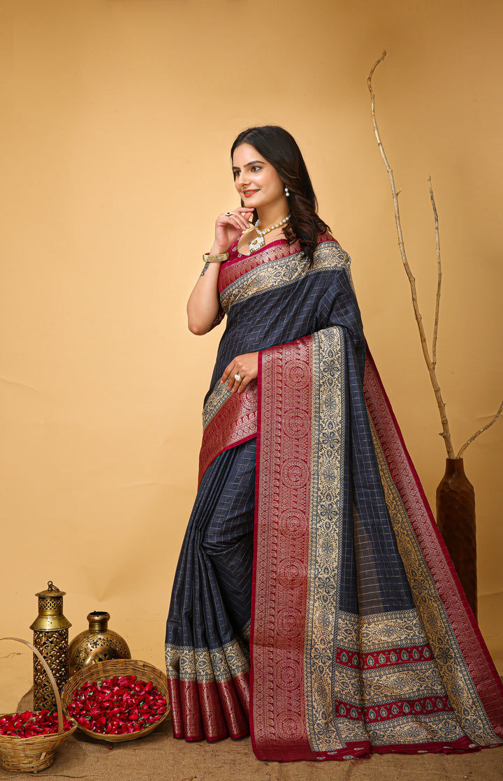 Blue Colour soft Dola cotton Kalamkari print saree with jecard kanjivaram zari border
