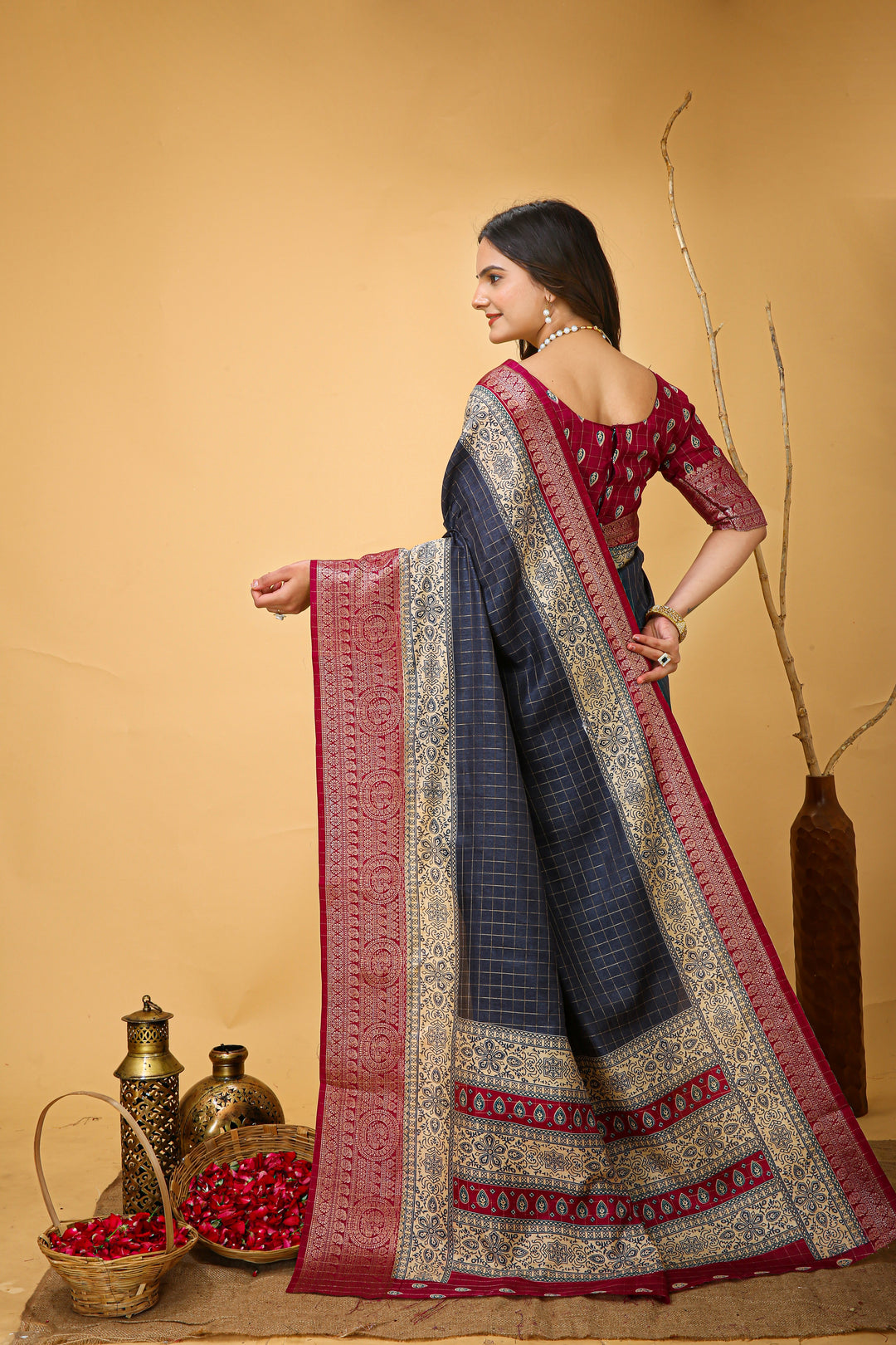 Blue Colour soft Dola cotton Kalamkari print saree with jecard kanjivaram zari border