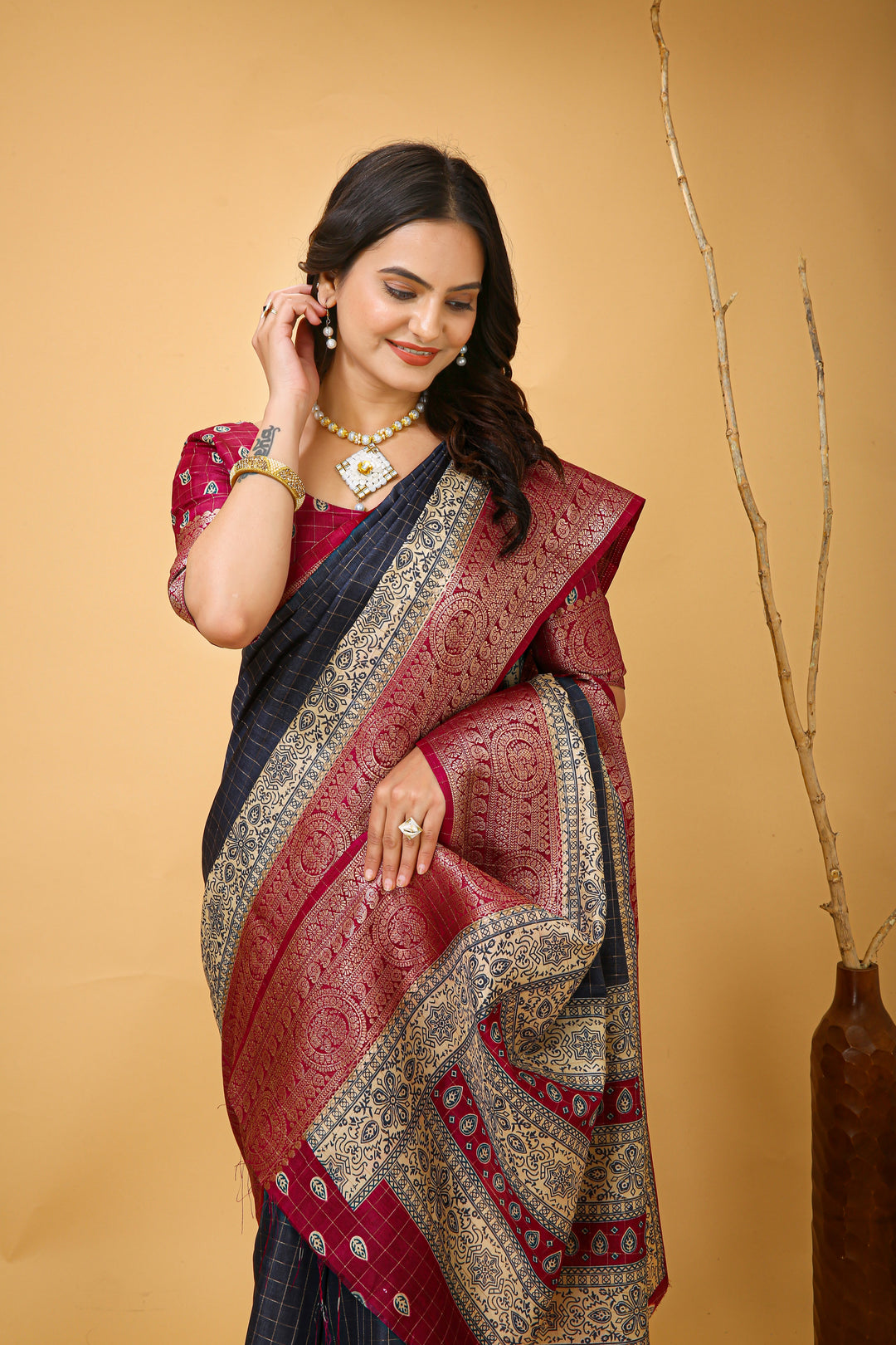 Blue Colour soft Dola cotton Kalamkari print saree with jecard kanjivaram zari border