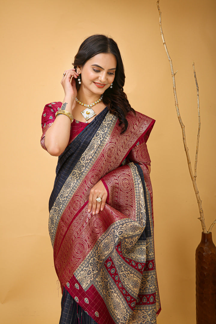 Blue Colour soft Dola cotton Kalamkari print saree with jecard kanjivaram zari border