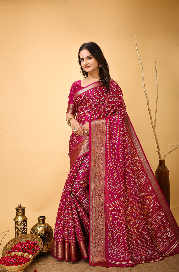 Pink Colour soft Dola cotton Kalamkari print saree with jecard kanjivaram zari border
