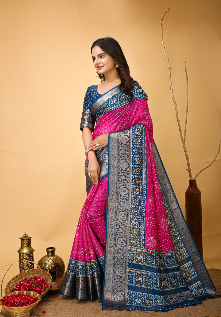 Pink Colour soft Dola cotton Kalamkari print saree with jecard kanjivaram zari border