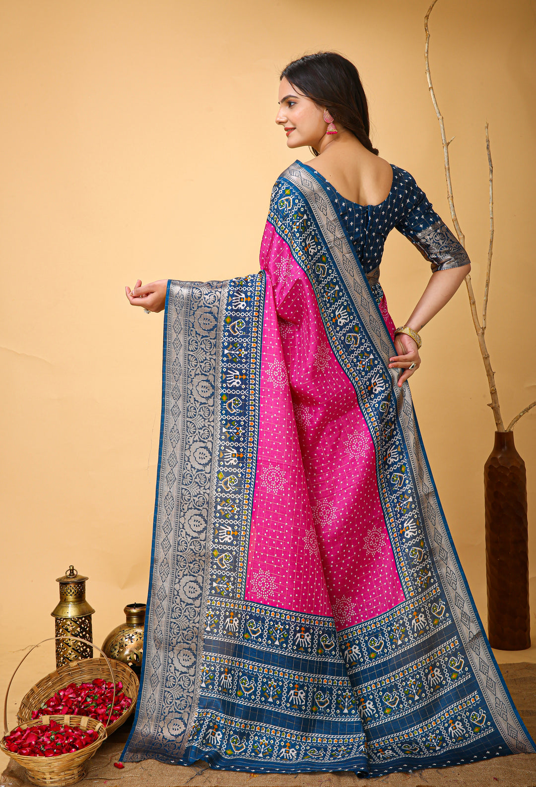 Pink Colour soft Dola cotton Kalamkari print saree with jecard kanjivaram zari border