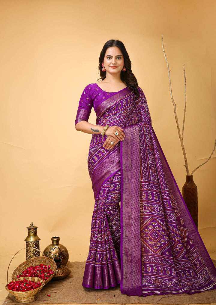 Purple Colour soft Dola cotton Kalamkari print saree with jecard kanjivaram zari border