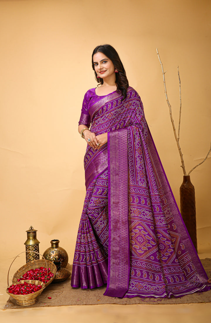 Purple Colour soft Dola cotton Kalamkari print saree with jecard kanjivaram zari border