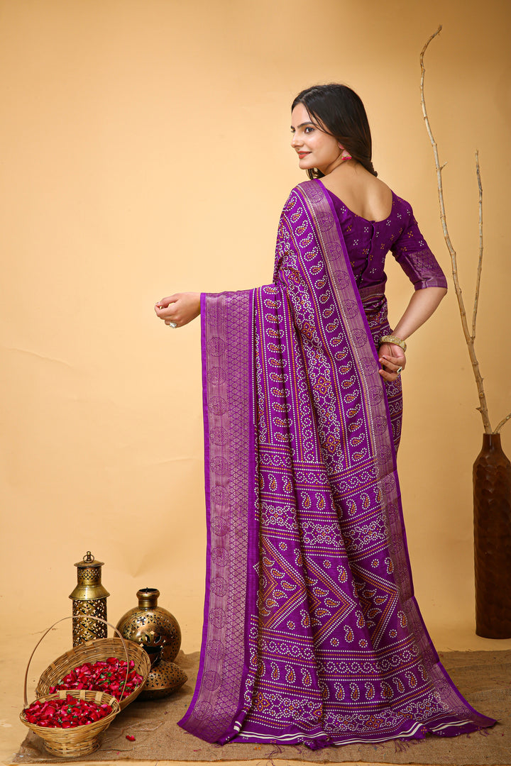 Purple Colour soft Dola cotton Kalamkari print saree with jecard kanjivaram zari border
