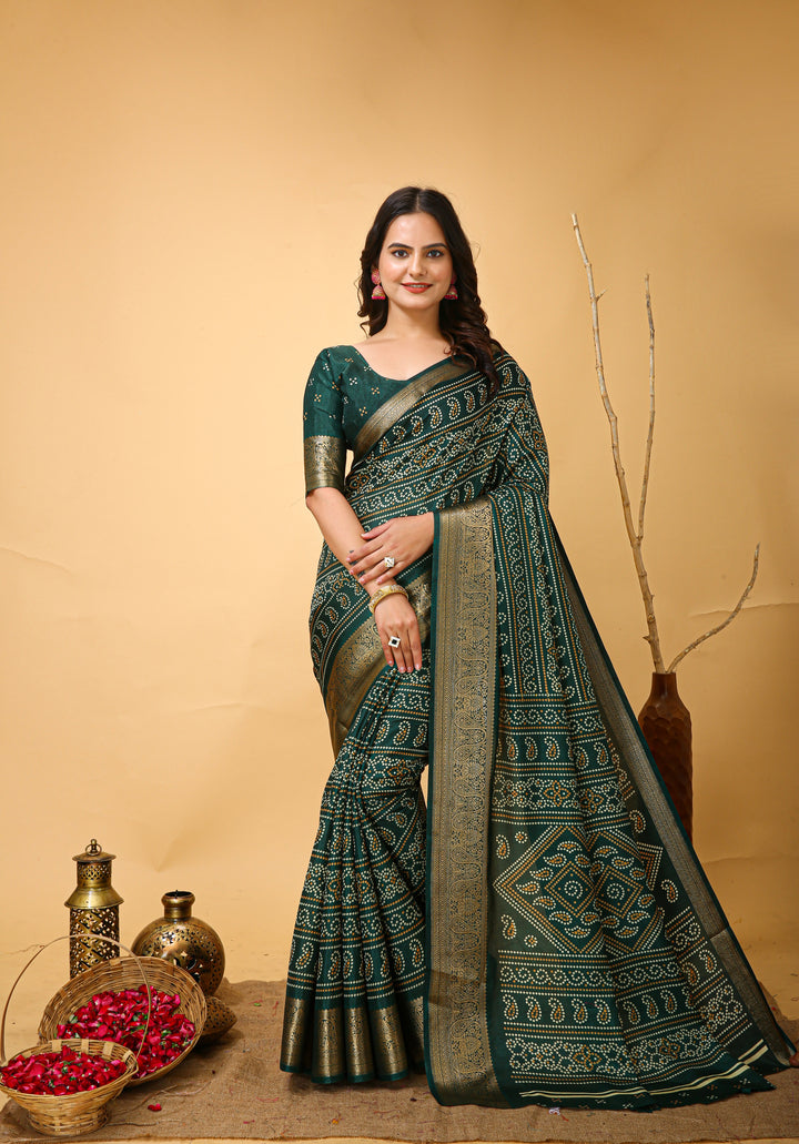 Green Colour soft Dola cotton Kalamkari print saree with jecard kanjivaram zari border