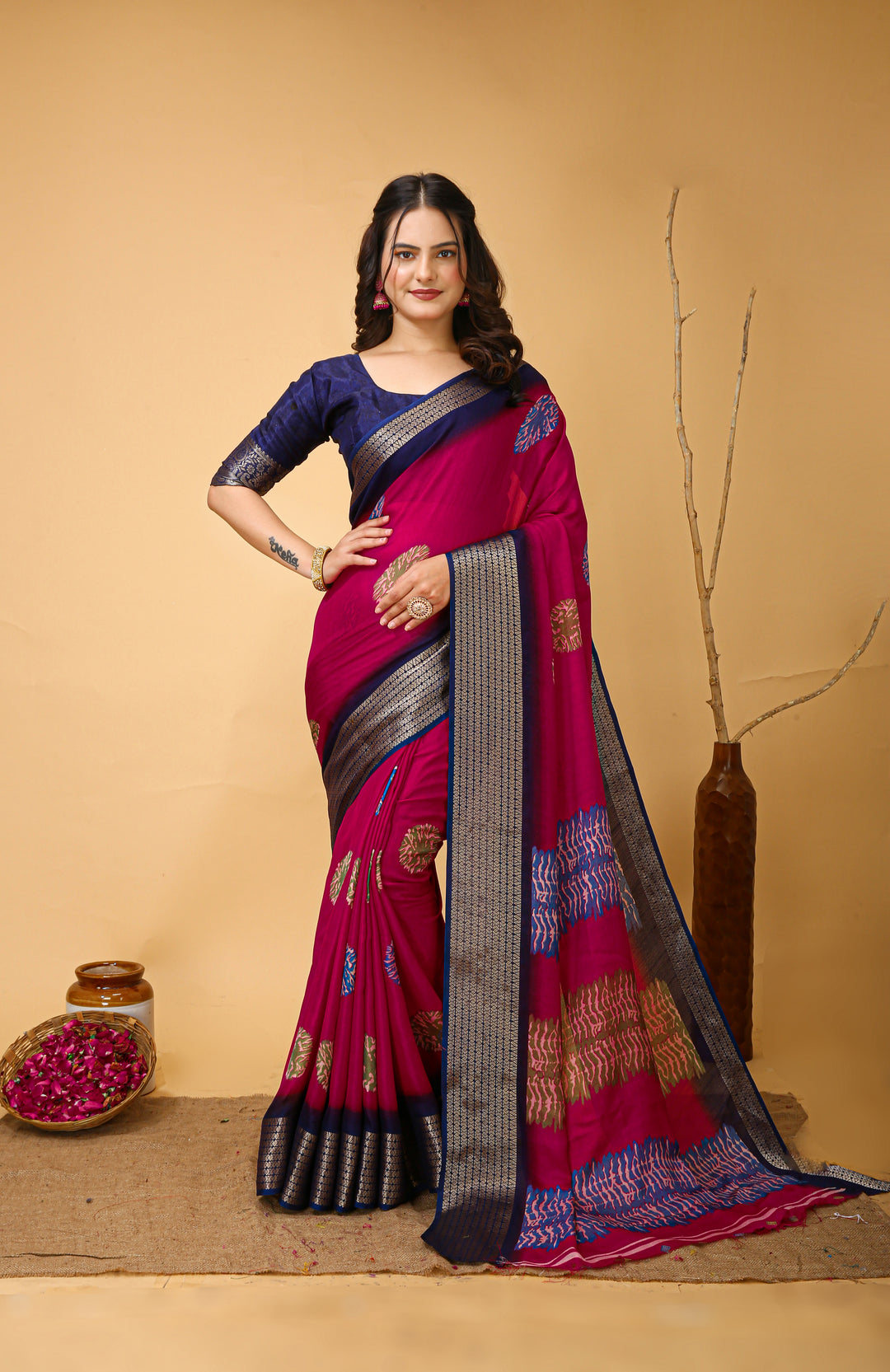 Pink Colour Soft Blooming Marshmallow Kalamkari print saree with Jacquard Border