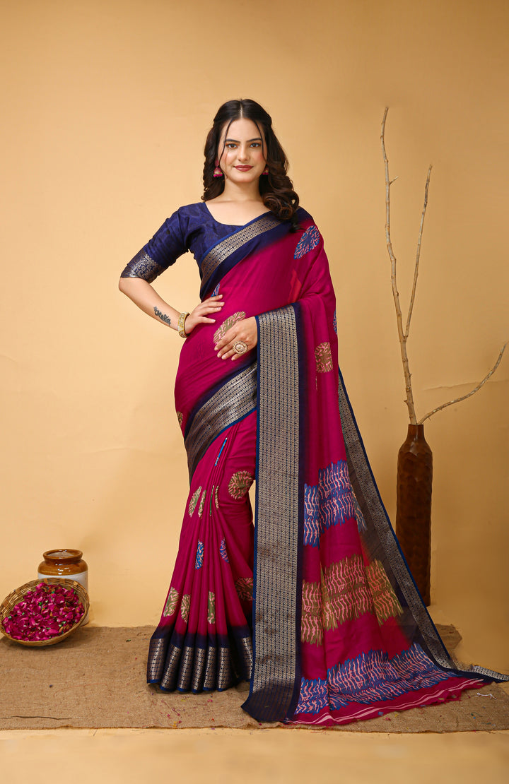 Pink Colour Soft Blooming Marshmallow Kalamkari print saree with Jacquard Border