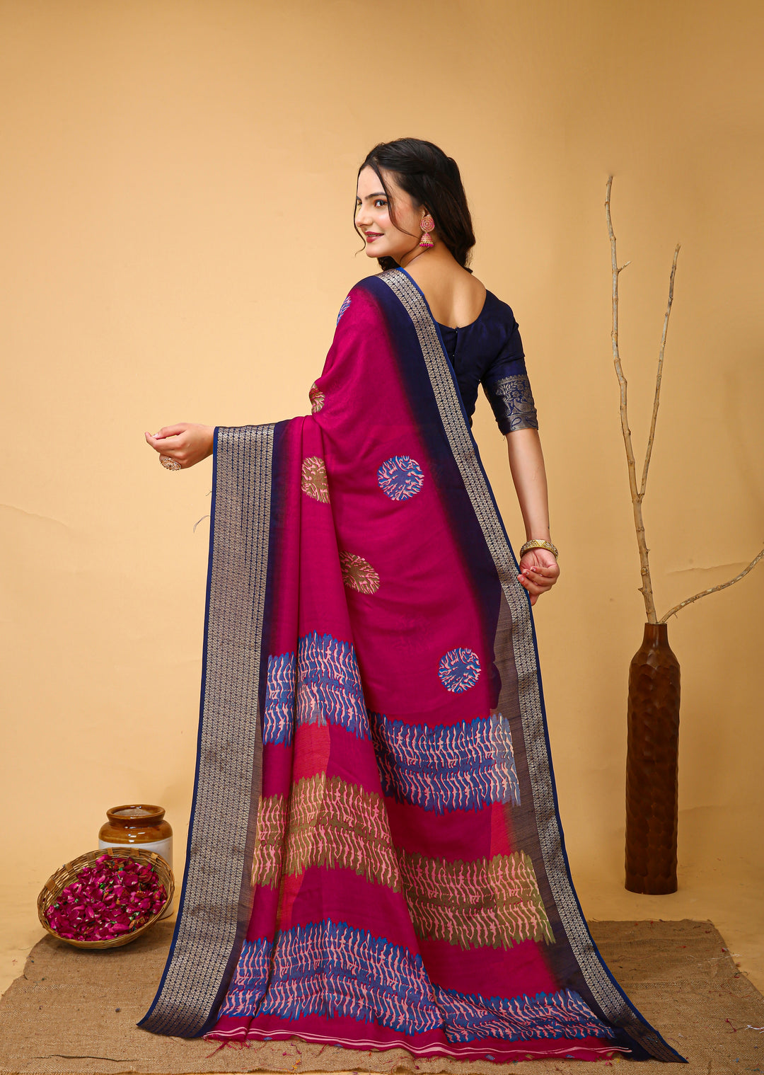 Pink Colour Soft Blooming Marshmallow Kalamkari print saree with Jacquard Border