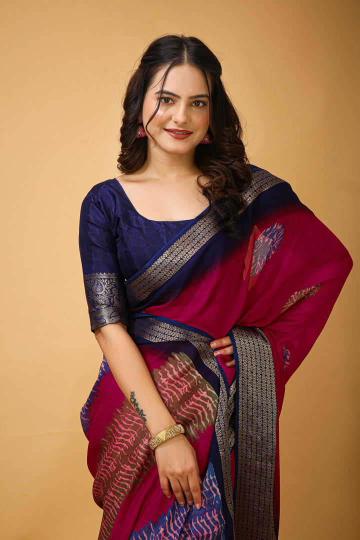 Pink Colour Soft Blooming Marshmallow Kalamkari print saree with Jacquard Border