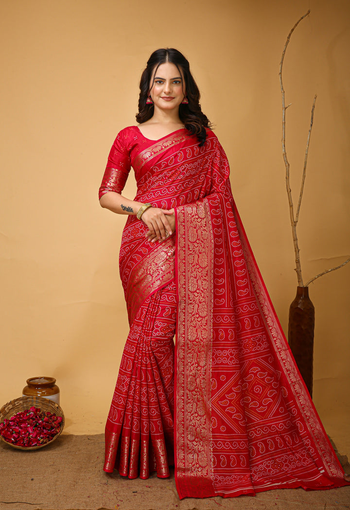 Cheery Red Colour soft Dola cotton Kalamkari print saree with jecard kanjivaram zari border