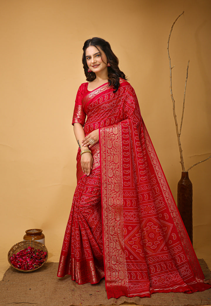 Cheery Red Colour soft Dola cotton Kalamkari print saree with jecard kanjivaram zari border
