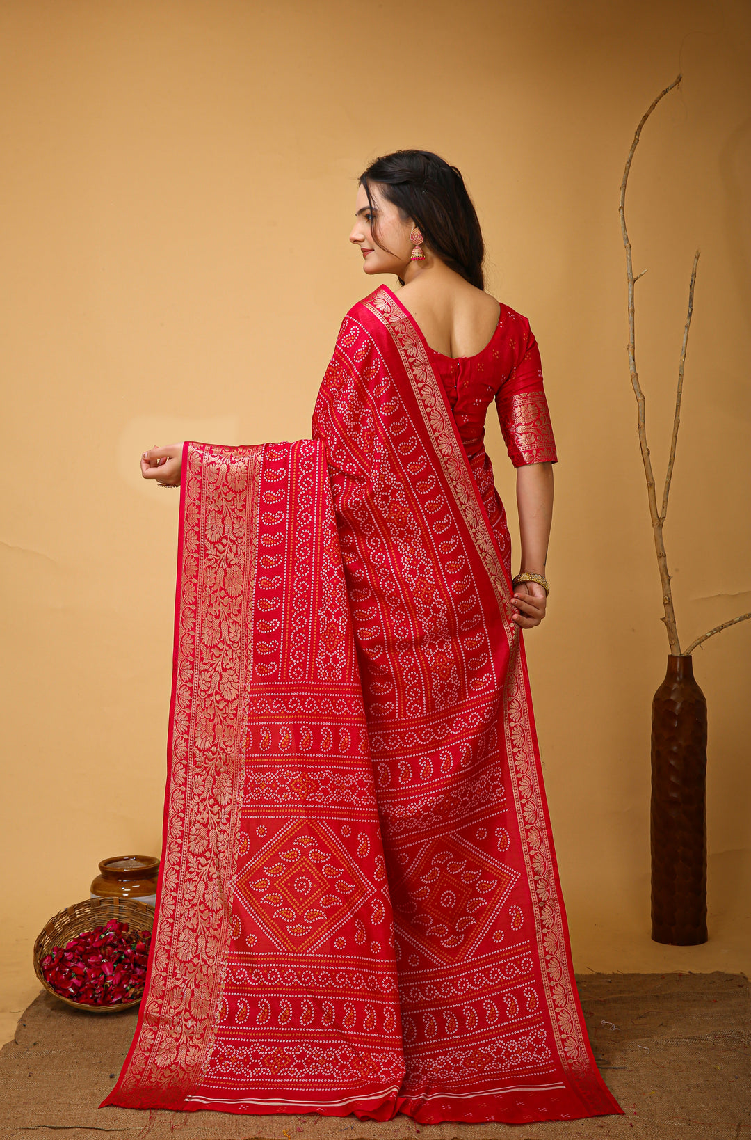 Cheery Red Colour soft Dola cotton Kalamkari print saree with jecard kanjivaram zari border